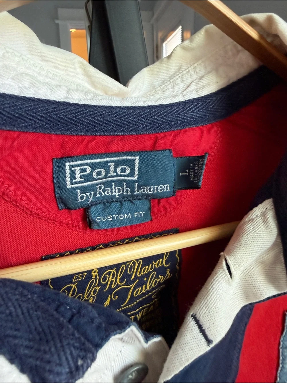 Polo by Ralph Lauren Red & Navy Cross-Panel Rugby Shirt with White Collar